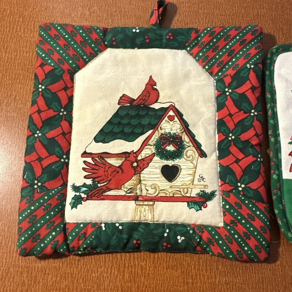 Vintage Christmas Potholder Hot‎ Pads White Goose Bunny And Birdhouse Designs